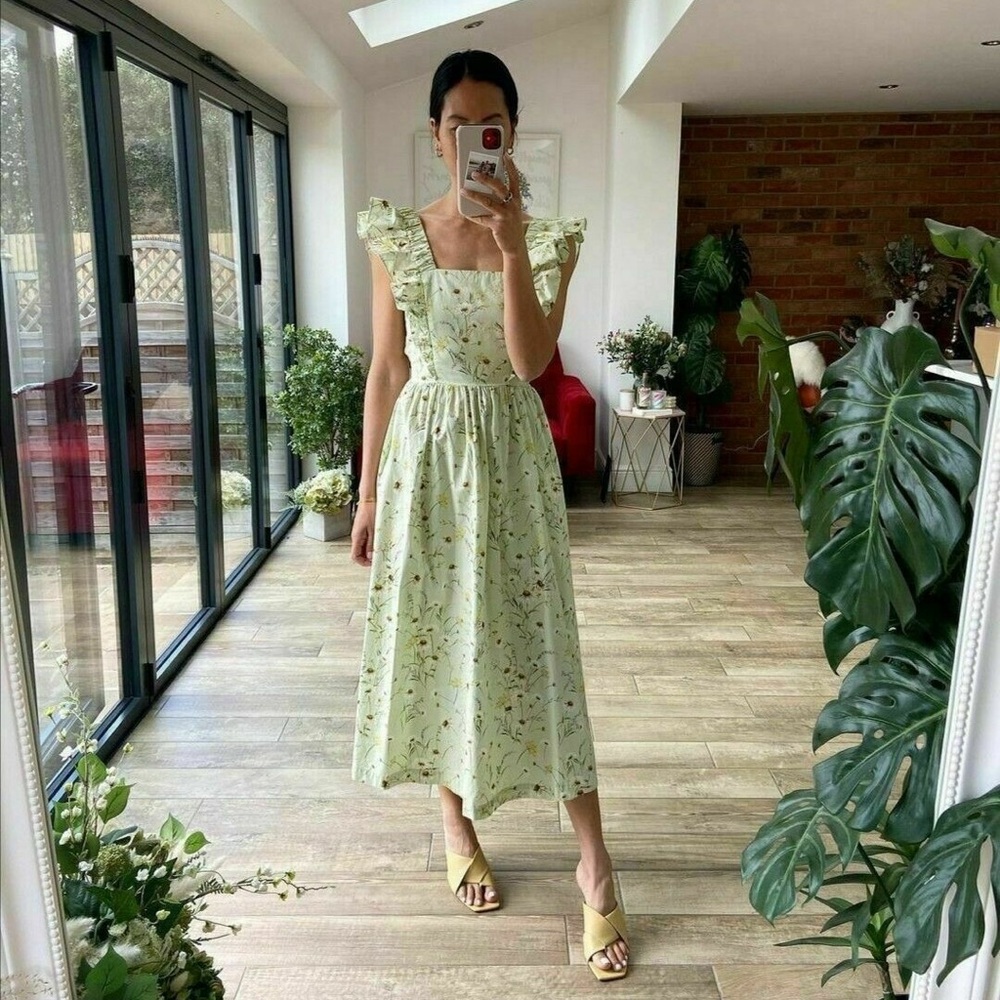 H&M Conscious Wildflower Tie Back Dress Green Floral Meadow Midi Dress